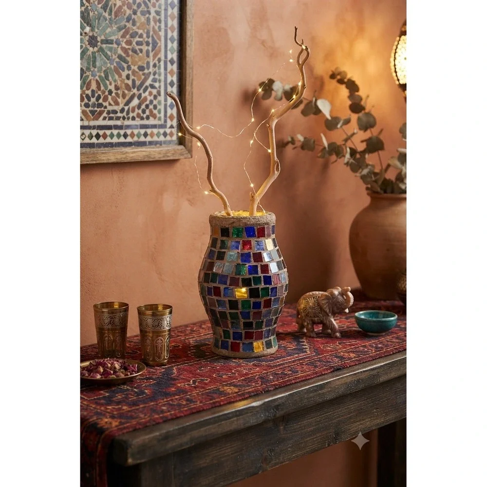Bohemian Multicolored Glass Mosaic Vase 8.5